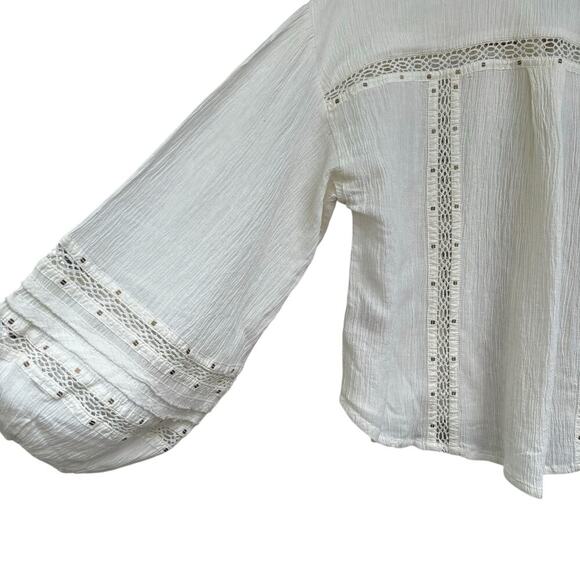 Free People Summer Stars Buttondown Blouse Top Size S in Ivory Relaxed Boxy Fit - Picture 3 of 6